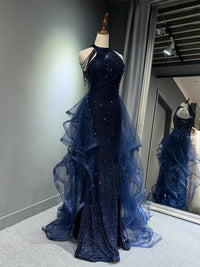 Unique High Neck Tulle Sequin Dark Blue Long Prom Dress with Beads