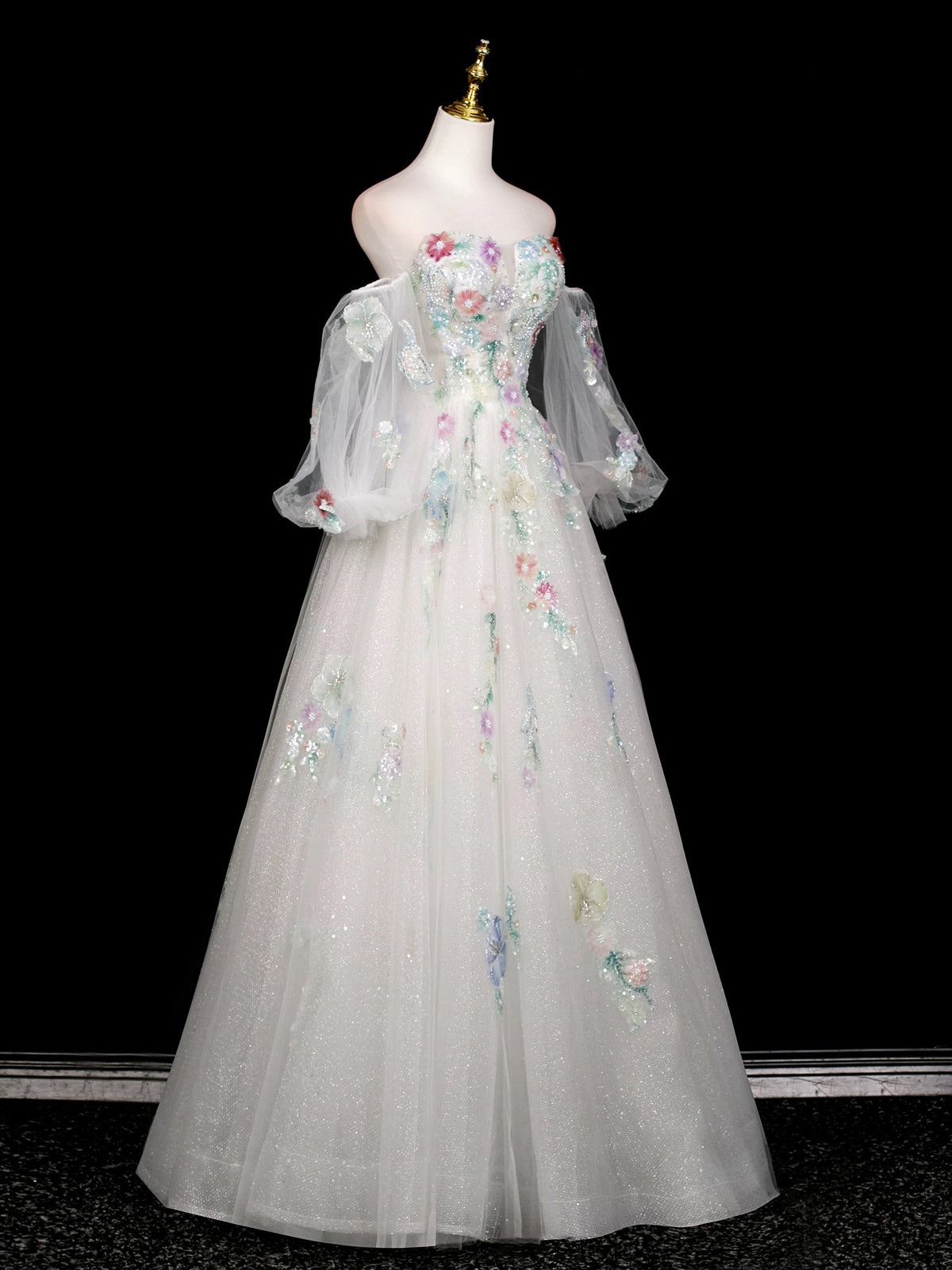 A-Line Long Sleeves Tulle White Long Prom Dress, White Long Graduation Dress