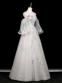 A-Line Long Sleeves Tulle White Long Prom Dress, White Long Graduation Dress