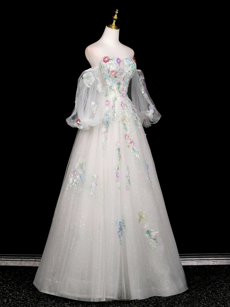 A-Line Long Sleeves Tulle White Long Prom Dress, White Long Graduation toptby A-Line Long Sleeves Tulle White Long Prom Dress, White Long Graduation toptby