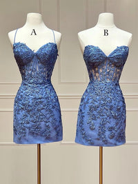 Blue Sweetheart Neck Lace Short Prom Dress, Blue Homecoming Dress