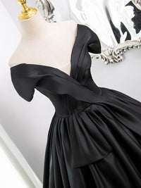 A-Line Off Shoulder Satin Black Long Prom Dress, Black Long Formal Dress