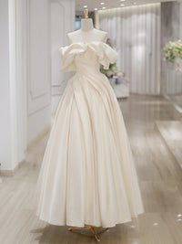 Off Shoulder A-Line Satin Beige Long Prom Dress, Beige Long Formal Dress