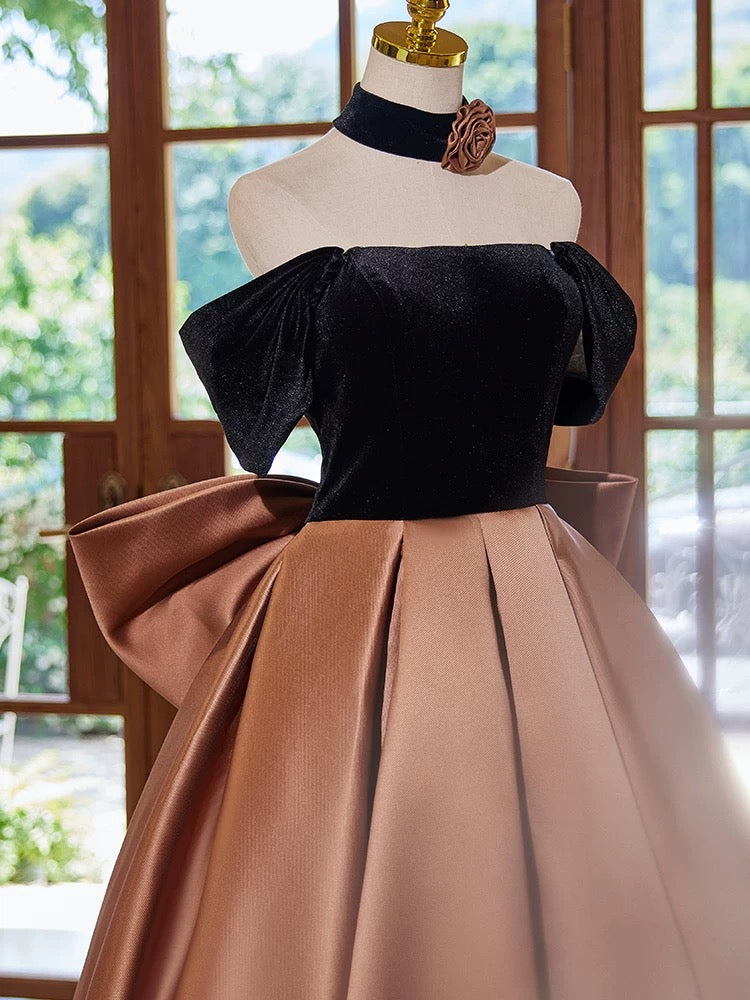 A-Line Off Shouder Satin Brown Long Prom Dress, Brown Long Formal Dress A-Line Off Shouder Satin Brown Long Prom Dress, Brown Long Formal Dress