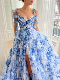 A-Line V Neck Tulle Blue Long Prom Dress, Blue Long Formal Dress