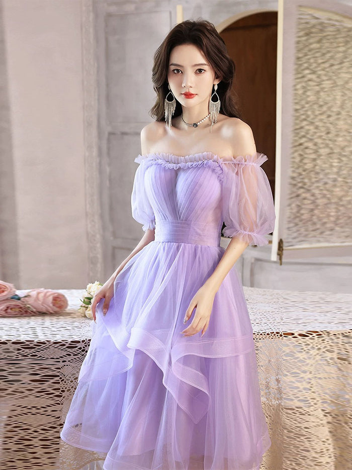 Simple purple v neck tulle long prom dress, purple evening dress – toptby
