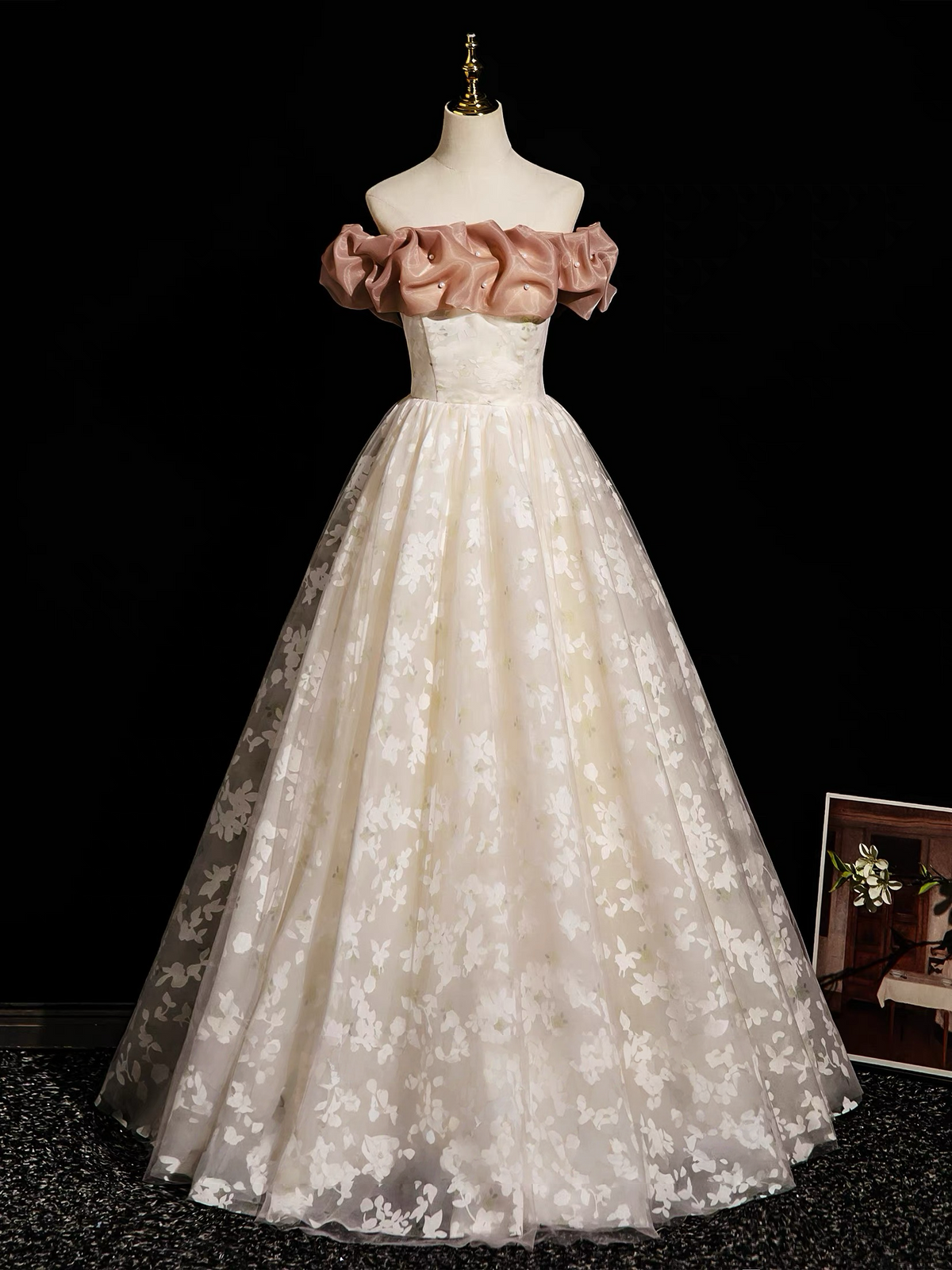 Champagne A-Line Lace Long Prom Dress, Champagne Long Evening Dress