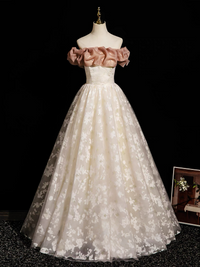 Champagne A-Line Lace Long Prom Dress, Champagne Long Evening Dress