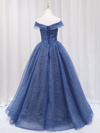 A-Line Dark Blue Tulle Long Prom Dresses, Blue Formal Evening Dress