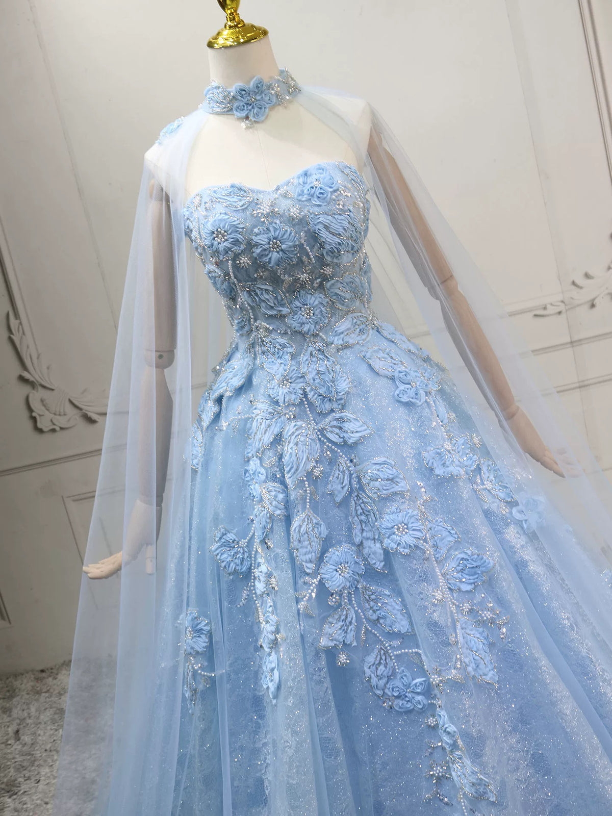 A-Line Tulle Lace Blue Long Prom Dress, Blue Long Formal Dress