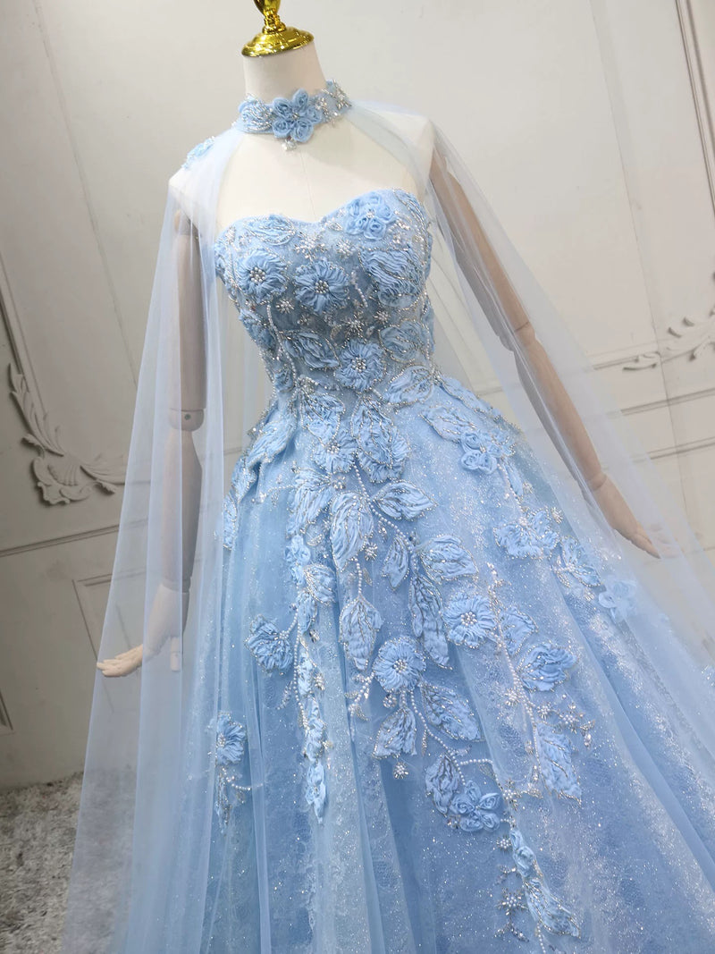 A-Line Tulle Lace Blue Long Prom Dress, Blue Long Formal Dress