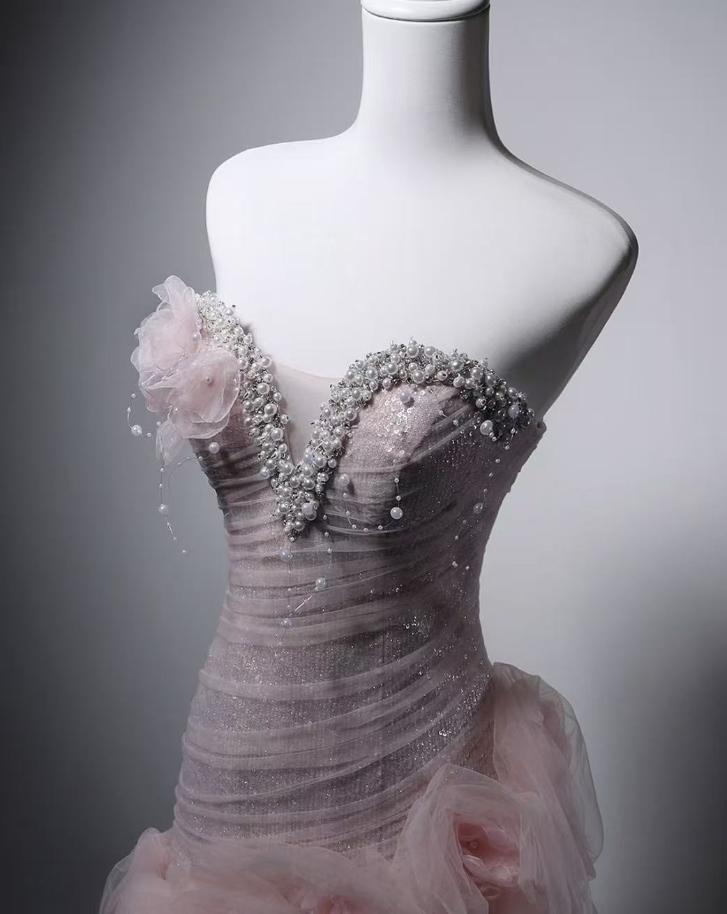 Unique Sweetheart Tulle Long Pink Prom Dress with Beads