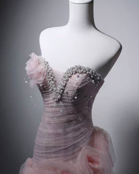 Unique Sweetheart Tulle Long Pink Prom Dress with Beads
