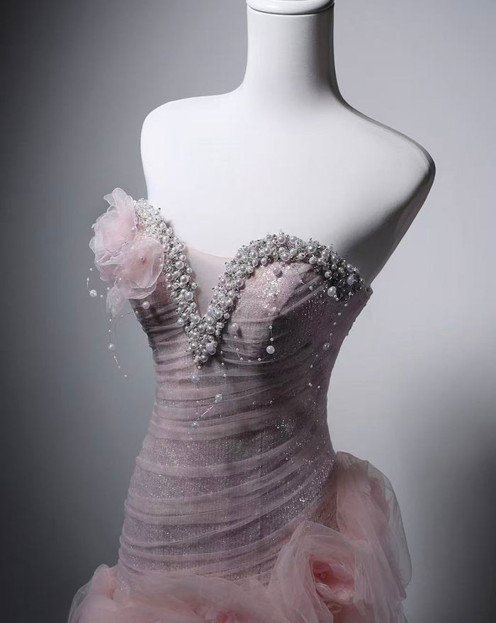 Unique Sweetheart Tulle Long Pink Prom Dress with Beads