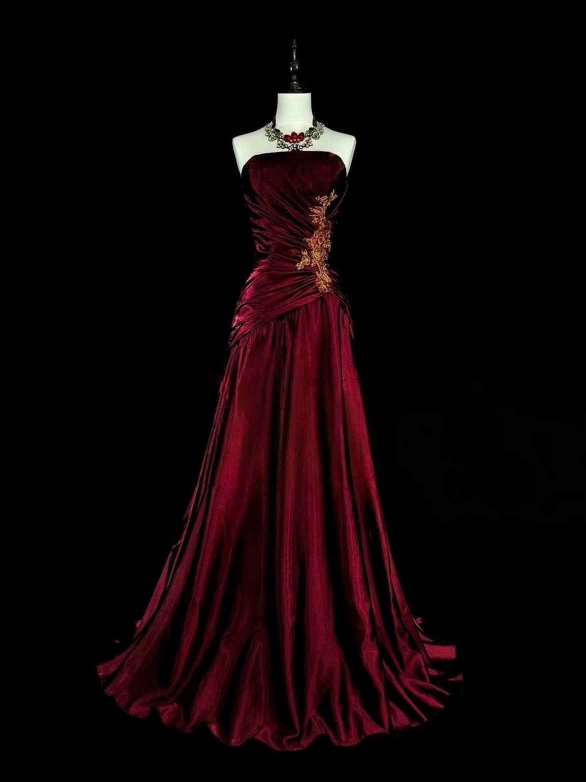 A-line Satin Lace Floor Length Burgundy Prom Dress
