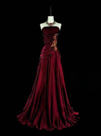 A-line Satin Lace Floor Length Burgundy Prom Dress