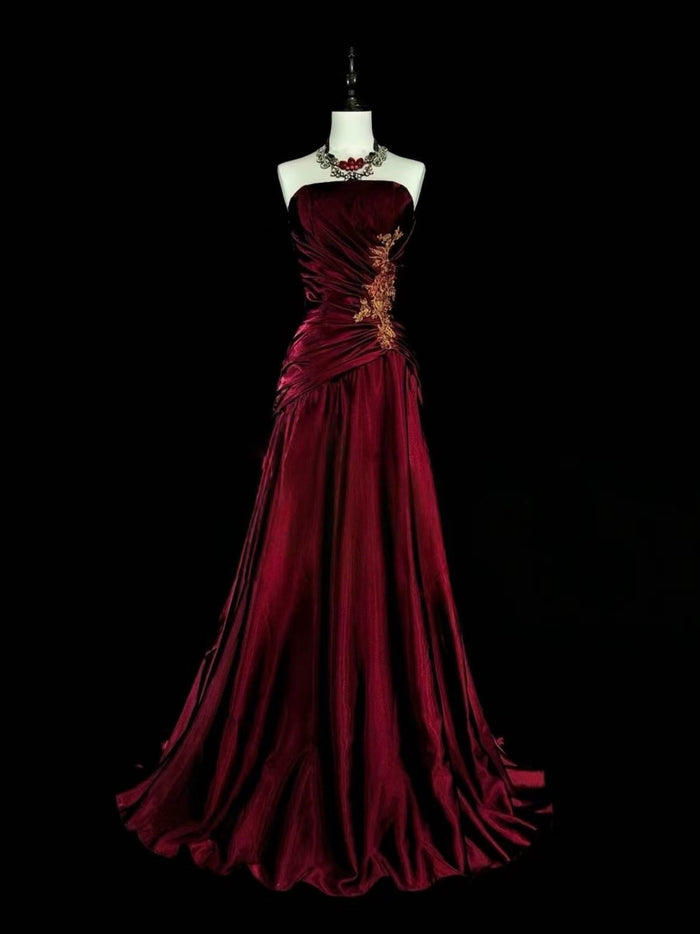 A-line Satin Lace Floor Length Burgundy Prom Dress