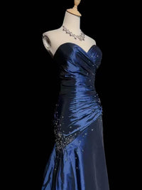 Mermaid Sweetheart Neck Sequin Beads Taffeta Dark Blue Long Prom Dress