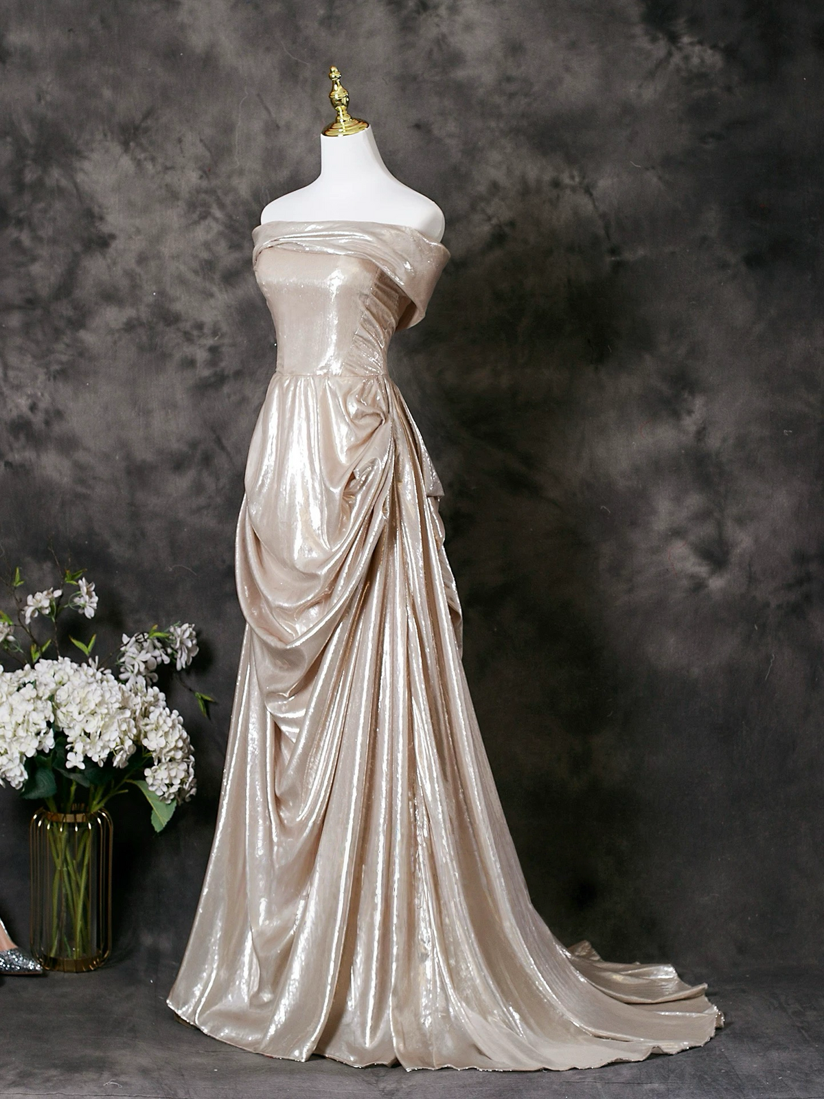 A-Line Off Shoulder Champagne Long Prom Dress, Champagne Long Formal Dress