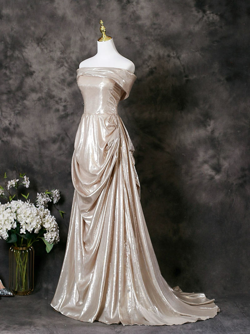 A-Line Off Shoulder Champagne Long Prom Dress, Champagne Long Formal Dress