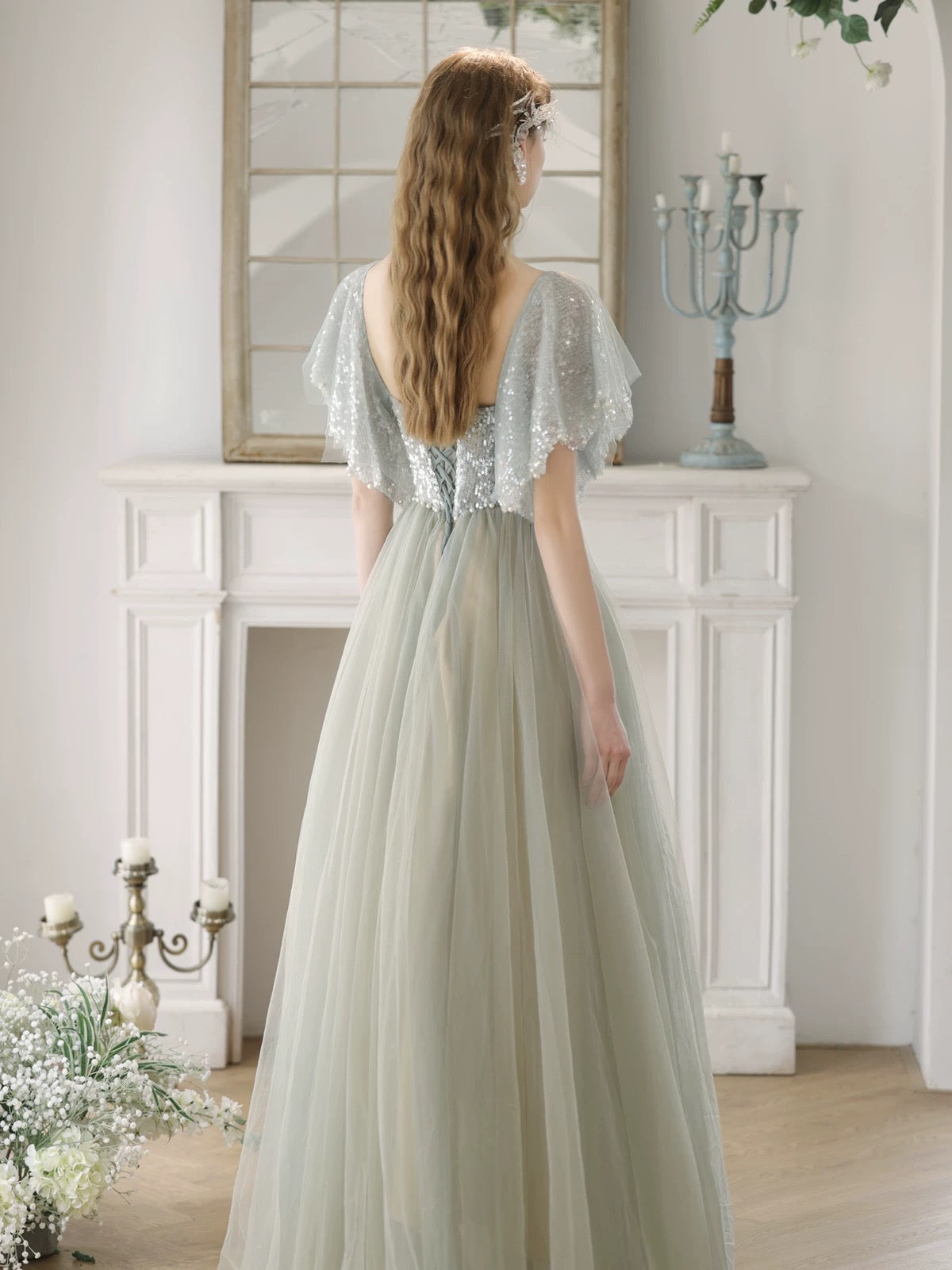 A-Line Tulle Sequin Light Green Long Prom Dress, Light Green Long Form – toptby