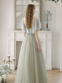 A-Line Tulle Sequin Light Green Long Prom Dress, Light Green Long Formal Dress