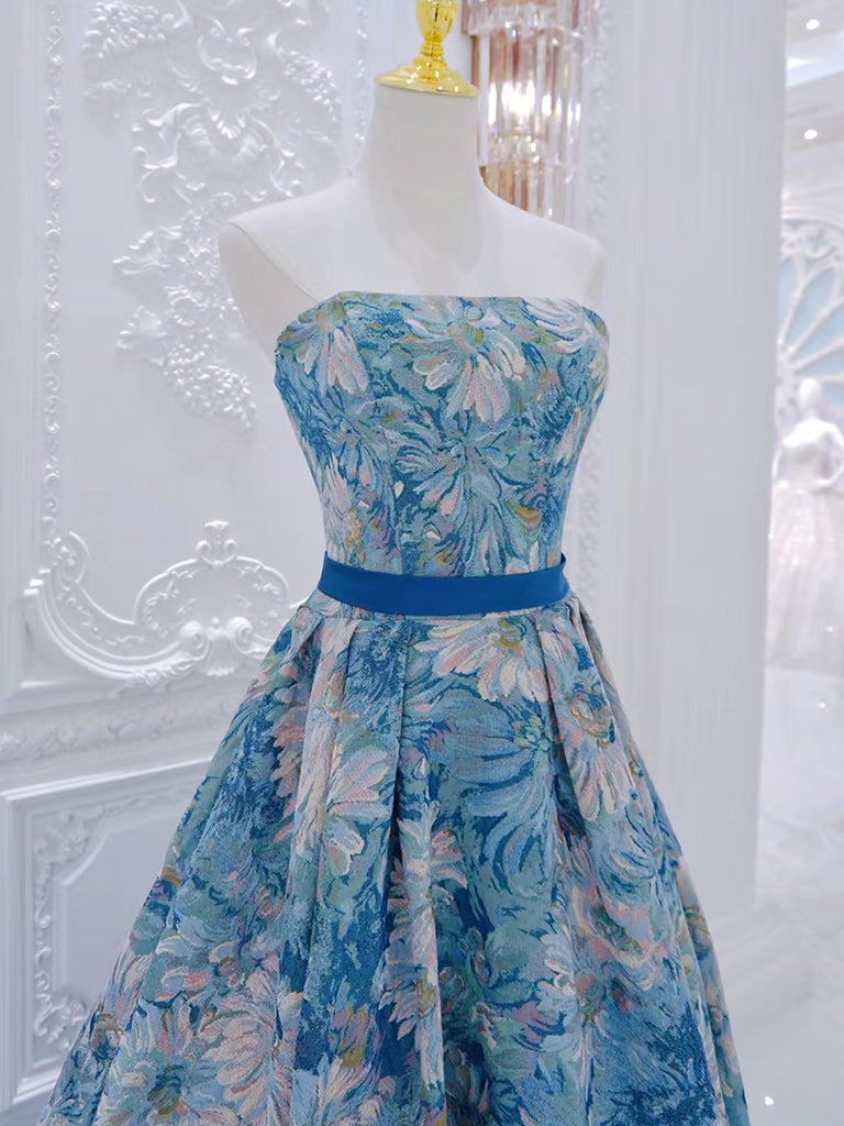 A-Line Flower Satin Blue Long Prom Dress, Blue Long Formal Dress