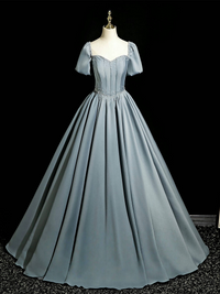 A-Line Puff Sleeves Satin Beads Gray Blue Long Prom Dress, Gray Blue Long Formal Dress
