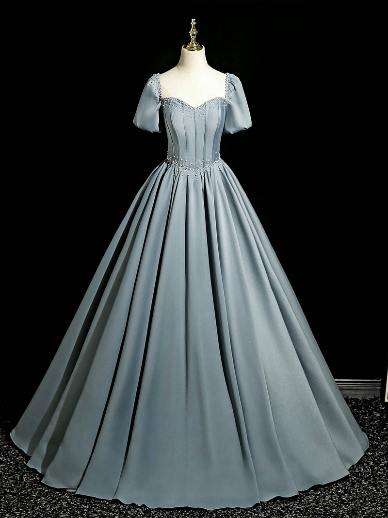 A-Line Puff Sleeves Satin Beads Gray Blue Long Prom Dress, Gray Blue Long Formal Dress