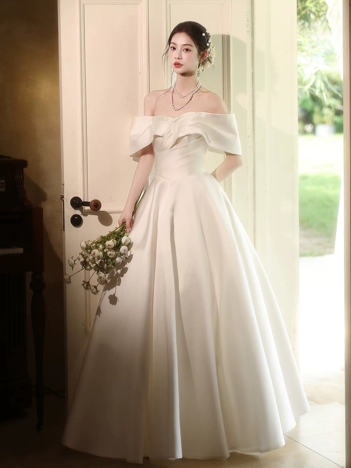 A-Line Off Shoulder Satin White Long Prom Dress, White Long Formal Dress
