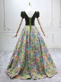 A-Line Short Sleeves Green Long Prom Dress, Printed Satin Green Long Evening Dress