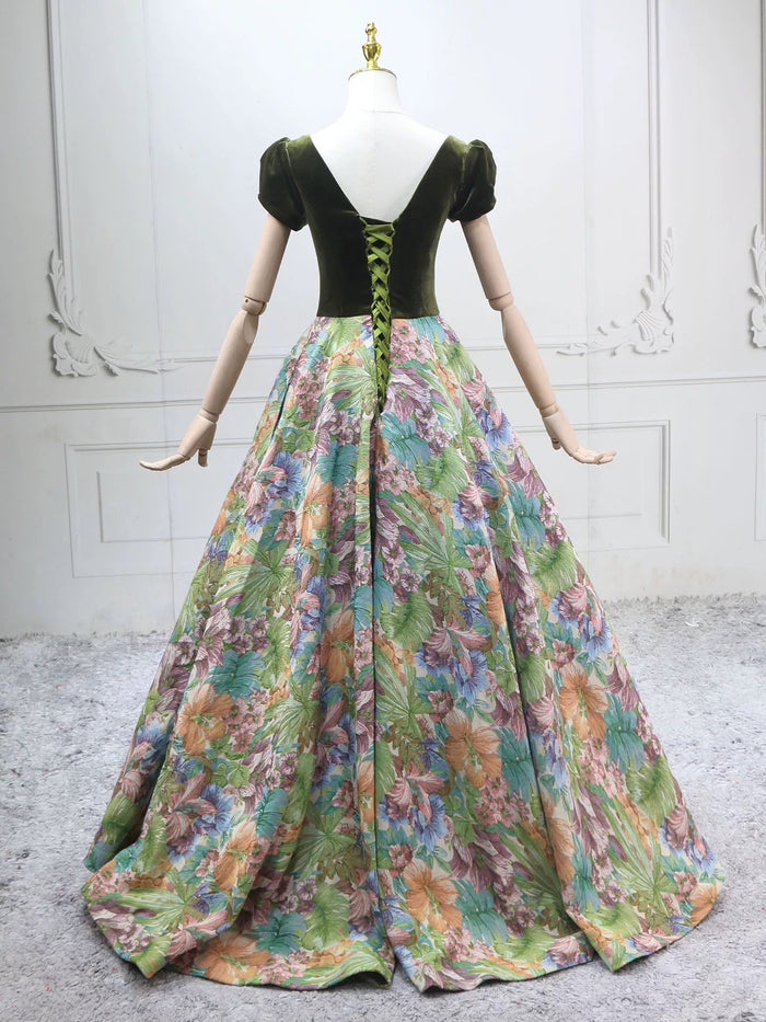 A-Line Short Sleeves Green Long Prom Dress, Printed Satin Green Long Evening Dress