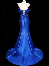 Mermaid Off Shoulder Sweep Train Satin Blue Prom Dress