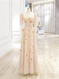 A-Line Tulle Lace Sequin Champagne Long Prom Dress, Champagne Long Formal Dress