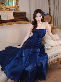 A-Line Satin Blue Long Prom Dress, Blue Long Evening Dress