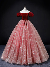A-Line Burgundy/Pink Tulle Long Prom Dress, Burgundy/Pink Sweet 16 Dress