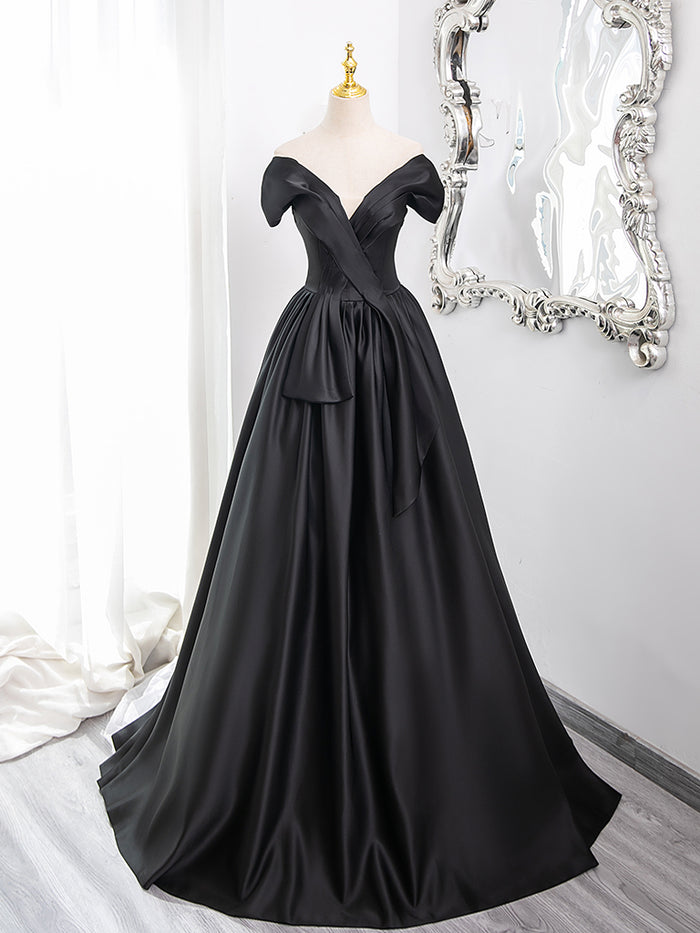 A-Line Off Shoulder Satin Black Long Prom Dress, Black Long Formal Dress