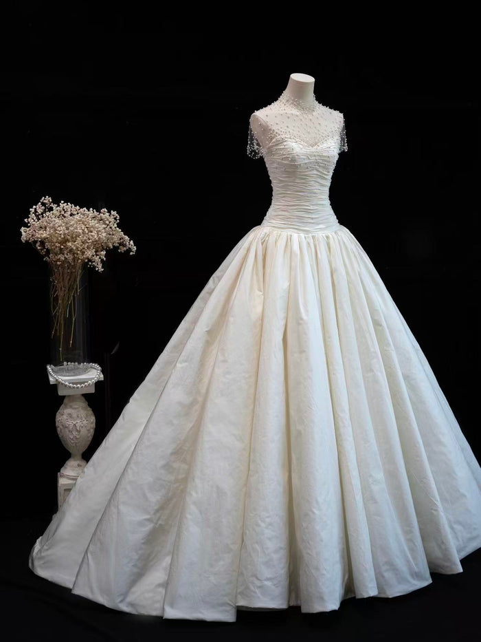 A-line Sweetheart Taffeta Sweep Train White Long Prom Dress
