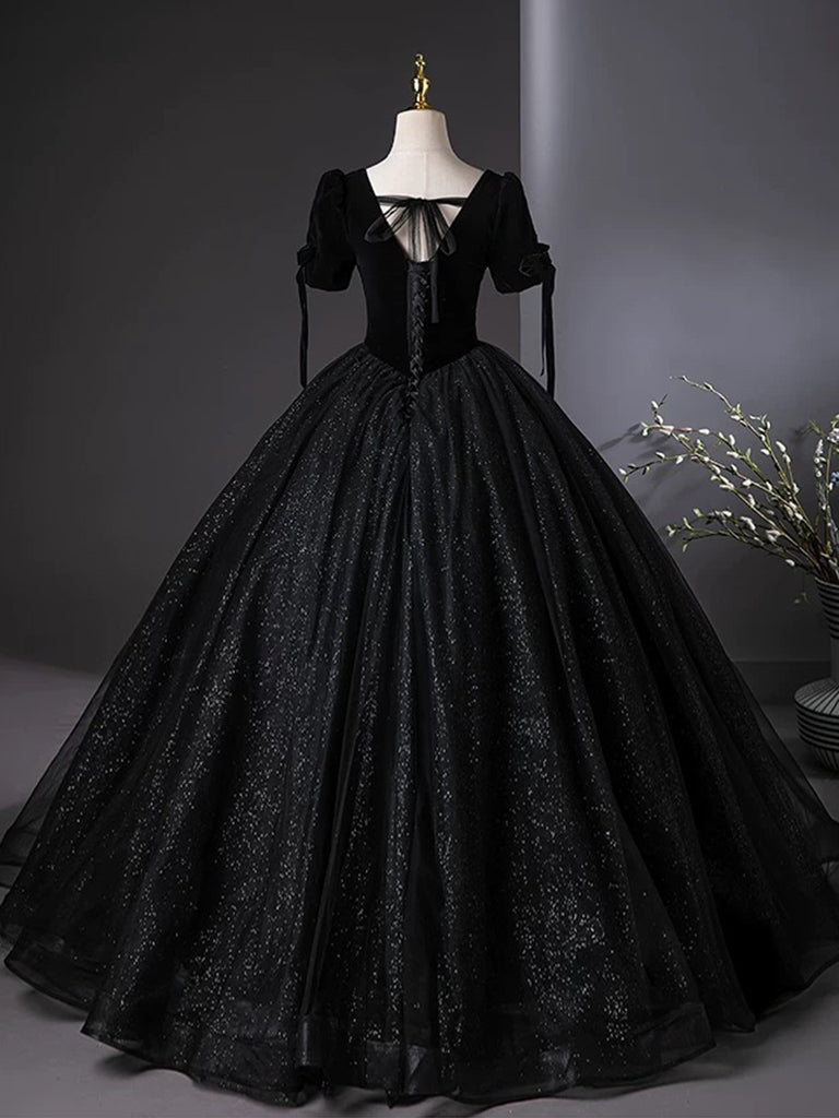 A-Line Tulle Velvet Sequin Black Long Prom Dress, Black Long Evening Dress