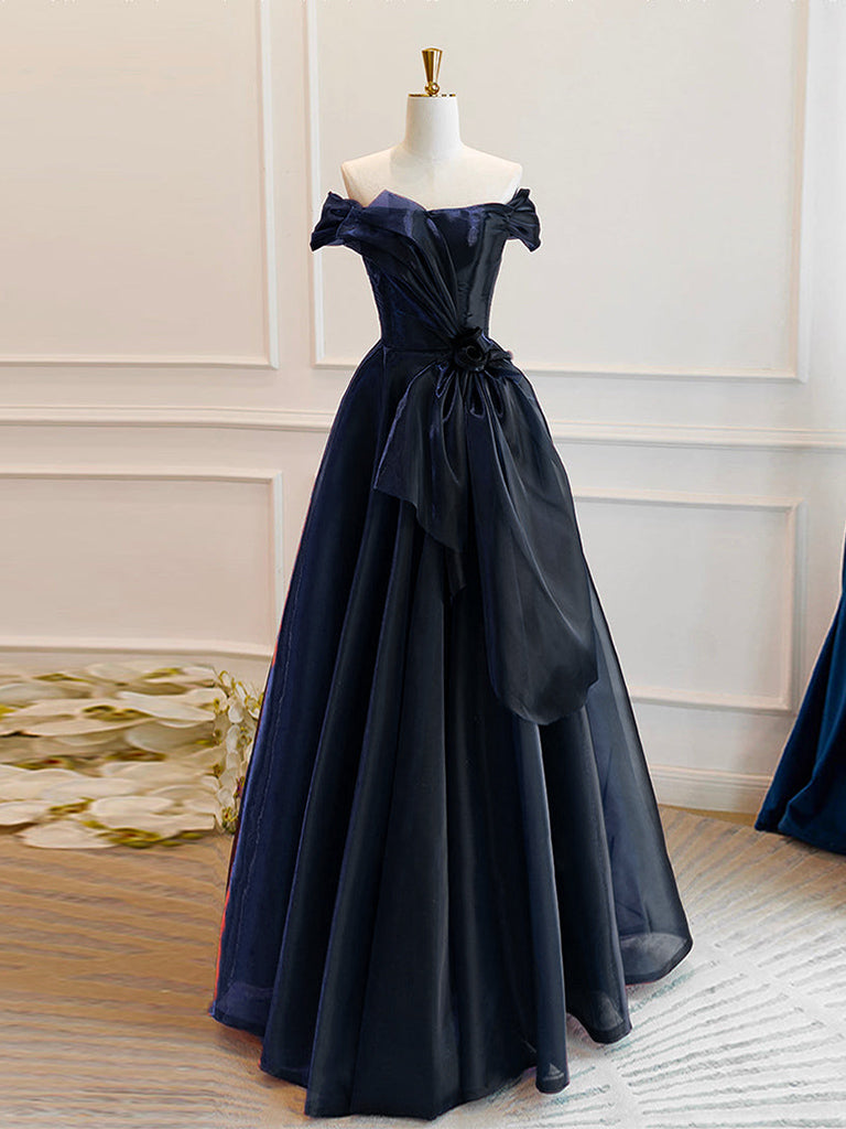 A-Line Off Shoulder Organza Dark Blue Long Prom Dress, Dark Blue Long Formal Dress