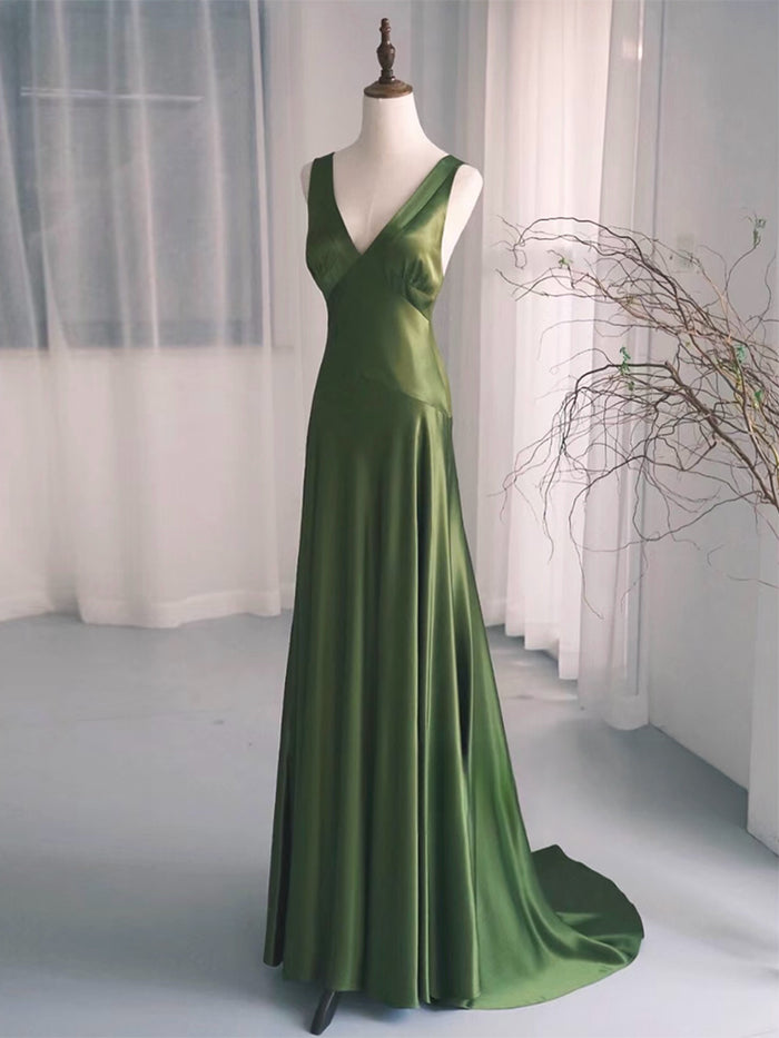 Simple V Neck Satin Green Long Prom Dress, Green Long Formal Dress