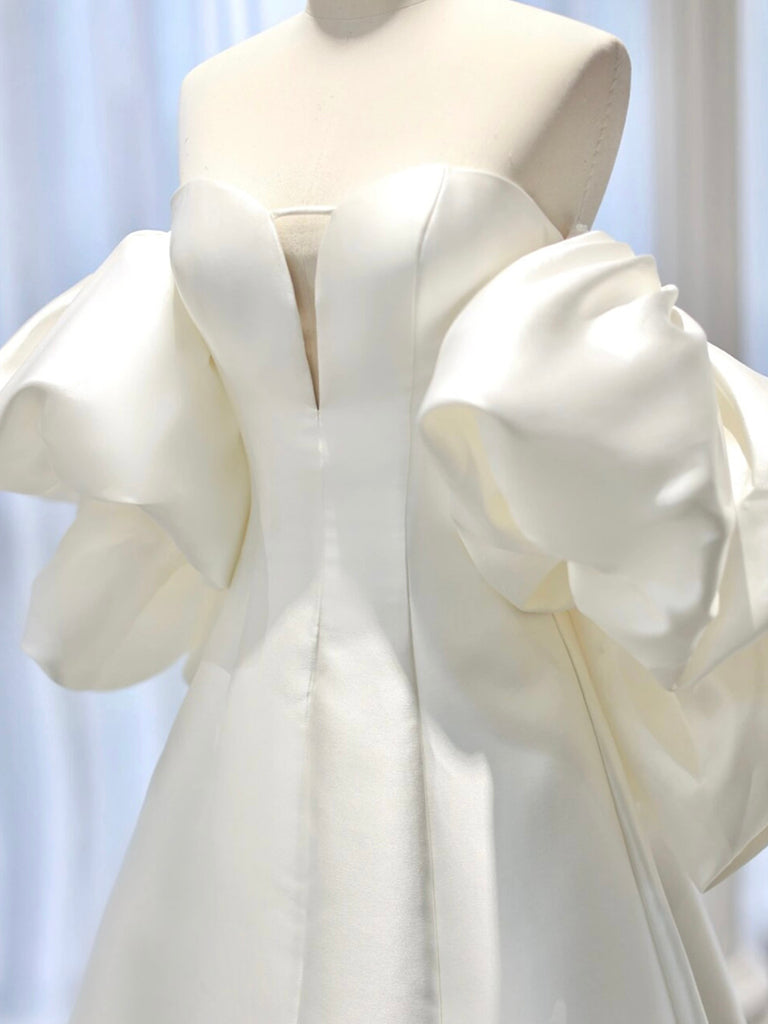 A-Line Sweetheart Neck Satin White Long Prom Dress, White Long Formal Dress