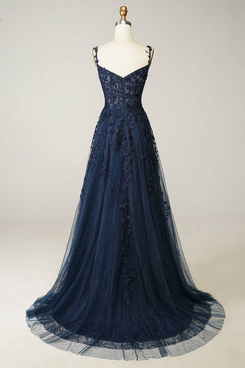 A-Line Sweetheart Neck Tulle Lace Dark Blue Long Prom Dress, Dark Blue Long Evening Dress