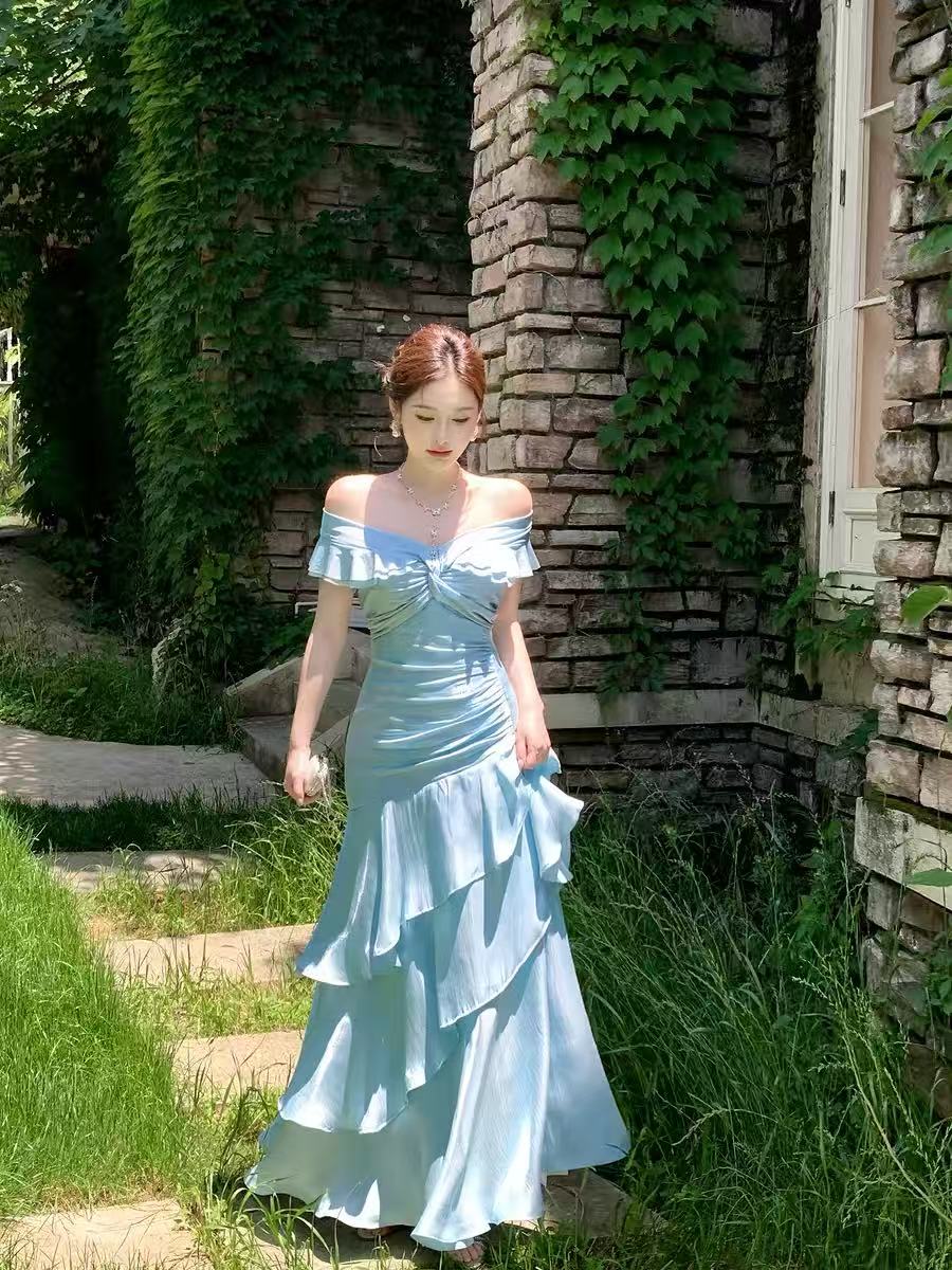 Mermaid Off Shoulder Silk Floor Length Blue Prom Dress, Blue Evening Dress