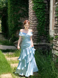Mermaid Off Shoulder Silk Floor Length Blue Prom Dress, Blue Evening Dress