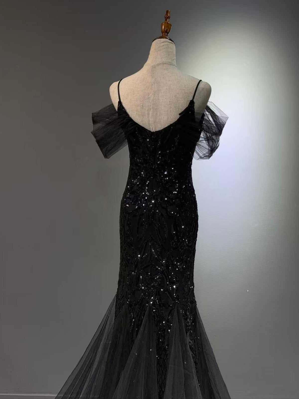 Mermaid Off Shoulder Tulle Sequin Lace Black Long Prom Dress