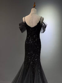 Mermaid Off Shoulder Tulle Sequin Lace Black Long Prom Dress