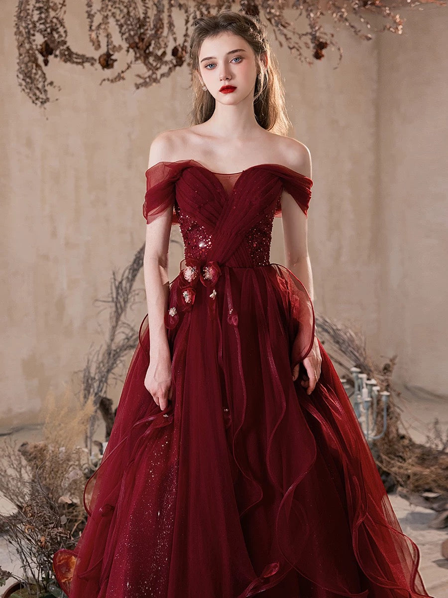 burgundy tulle dress A-line V-neck Open Back Prom with Beading PG976 US2 / Custom Color Sweetheart Neckline Length Burgundy Tulle Long Prom Dress,