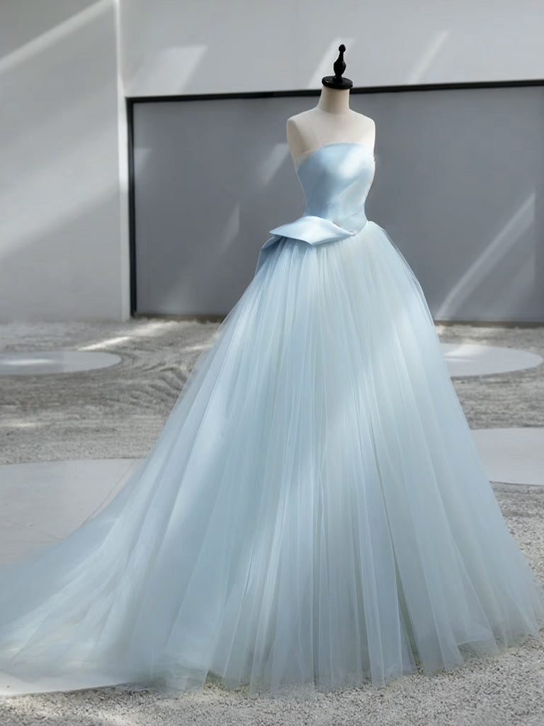 A-Line Satin Tulle Blue Long Prom Dress, Blue Long Formal Dress