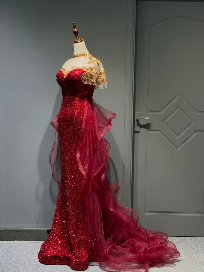 Sparkling Burgundy Sequin Mermaid Long Prom Dress with Sheer Gold Lace – toptby